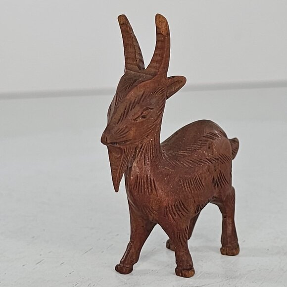 Handcrafted Wooden Goat Figurine Carved Miniature Dark Wood Signed - Picture 2 of 10